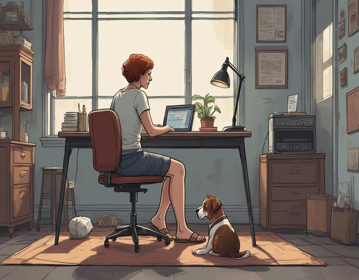 Illustration of a consultant developing AI-enabled learning resources and practical solutions in a home office, with a dog nearby representing a calm, creative workspace.